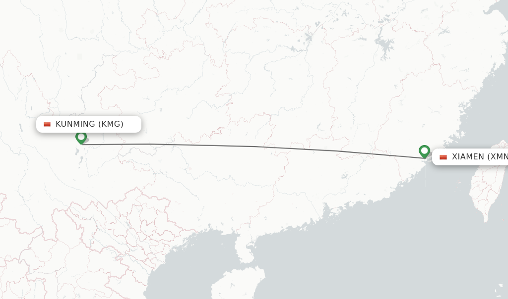 Flights from Kunming to Xiamen route map