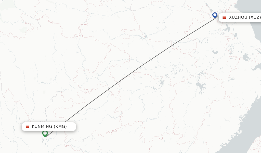 Flights from Kunming to Xuzhou route map