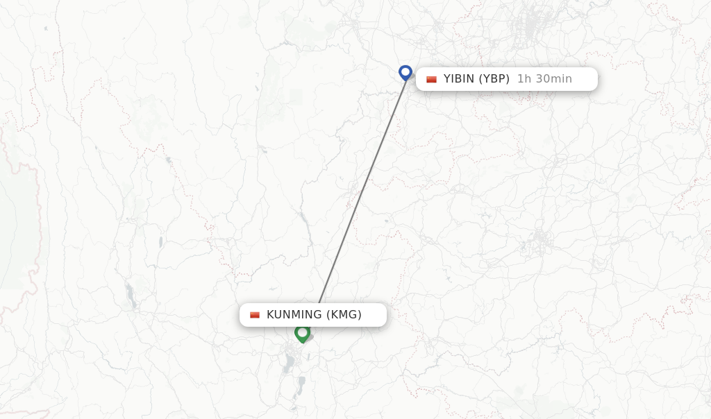 Flights from Kunming to Yibin route map