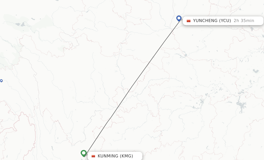 Flights from Kunming to Yuncheng route map