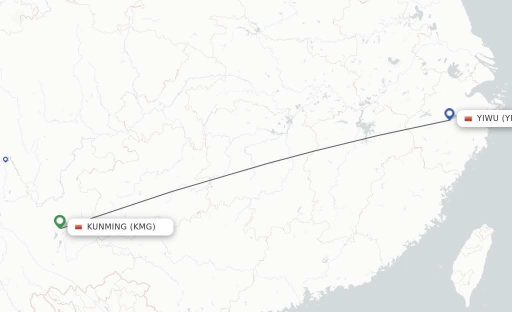 Flights from Kunming to Yiwu route map