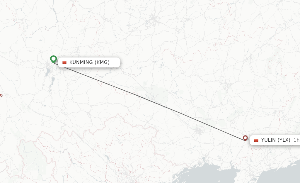 Flights from Kunming to Yulin route map