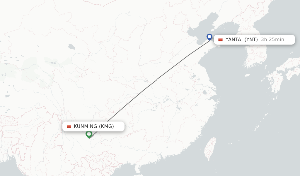 Flights from Kunming to Yantai route map