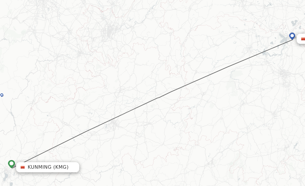 Flights from Kunming to Yueyang route map