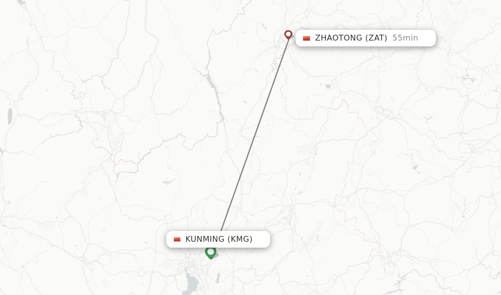 Flights from Kunming to Zhaotong route map