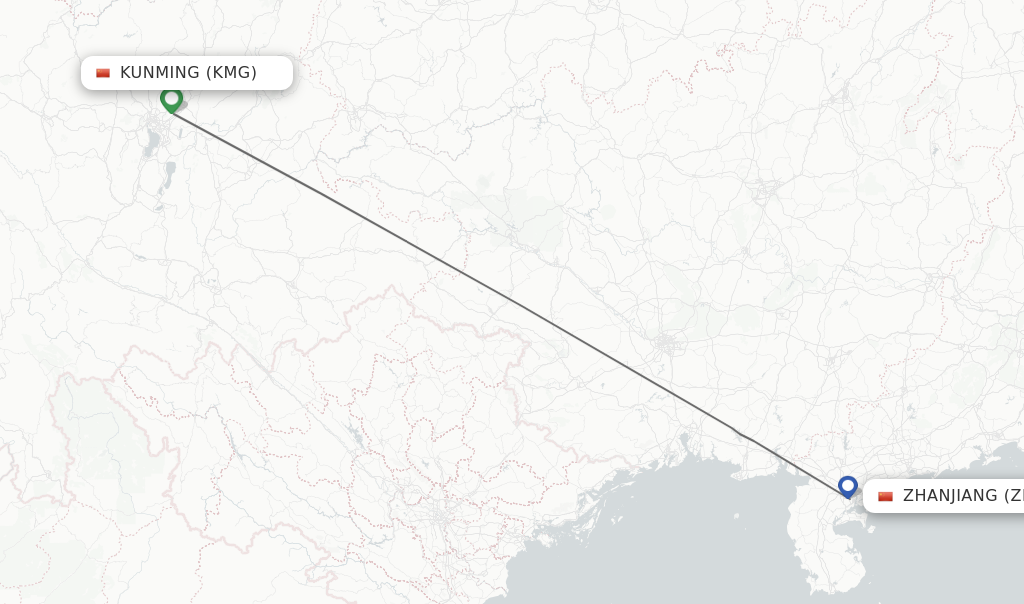 Flights from Kunming to Zhanjiang route map
