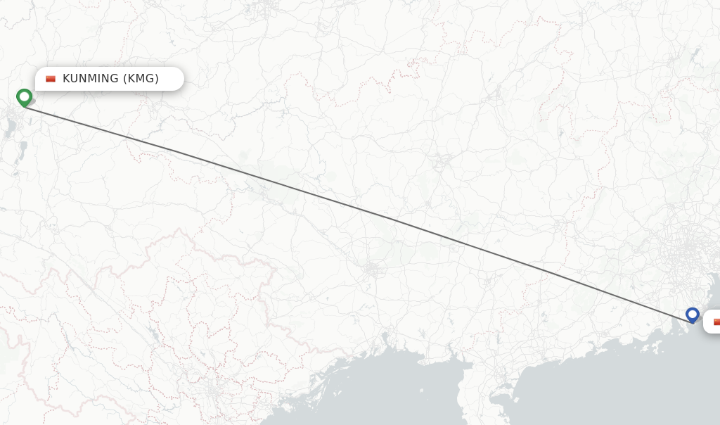 Flights from Kunming to Zhuhai route map