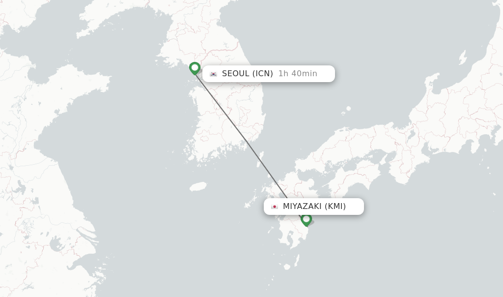 Flights from Miyazaki to Seoul route map