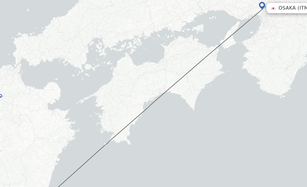Flights from Miyazaki to Osaka route map