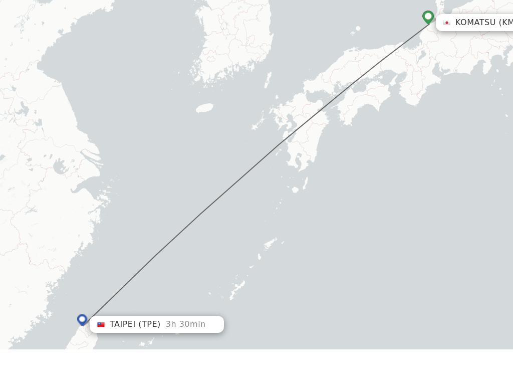 Flights from Komatsu to Taipei route map