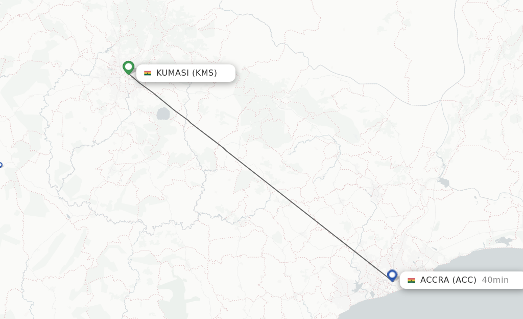 Flights from Kumasi to Accra route map