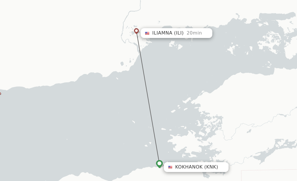 Flights from Kokhanok to Iliamna route map
