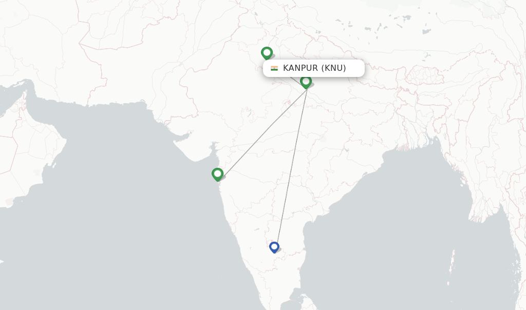 Route map with flights from Kanpur with IndiGo