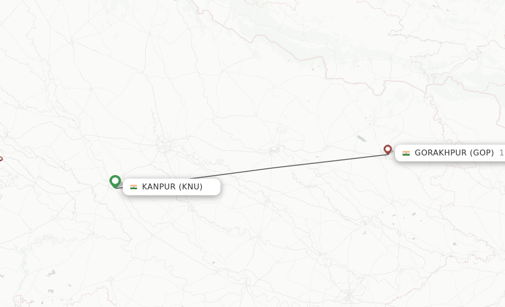 Flights from Kanpur to Gorakhpur route map