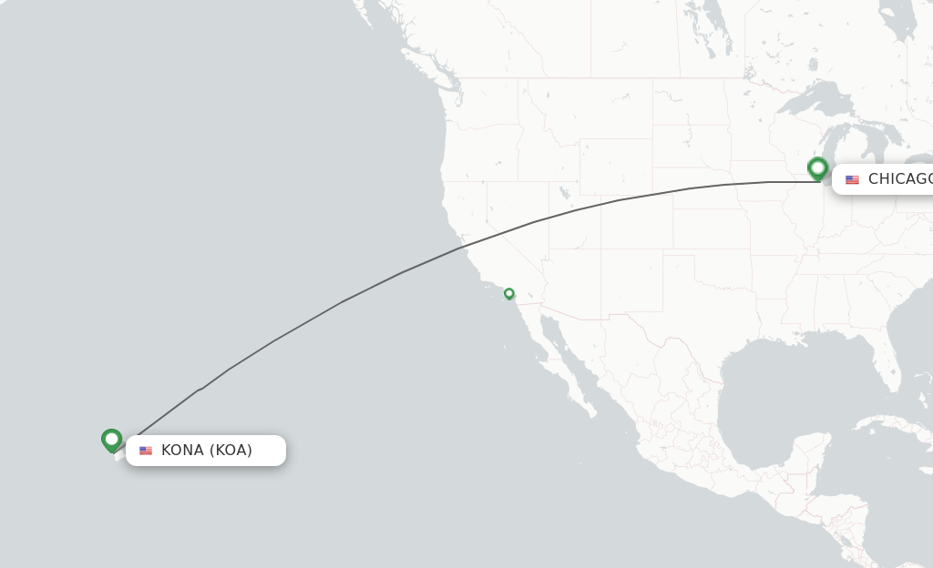 Flights from Kona to Chicago route map