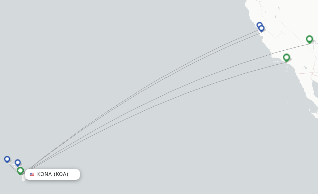 Route map with flights from Kona with Southwest Airlines