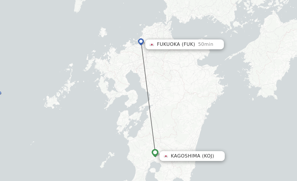 Flights from Kagoshima to Fukuoka route map