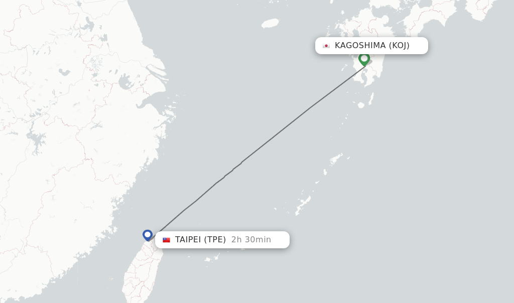 Flights from Kagoshima to Taipei route map