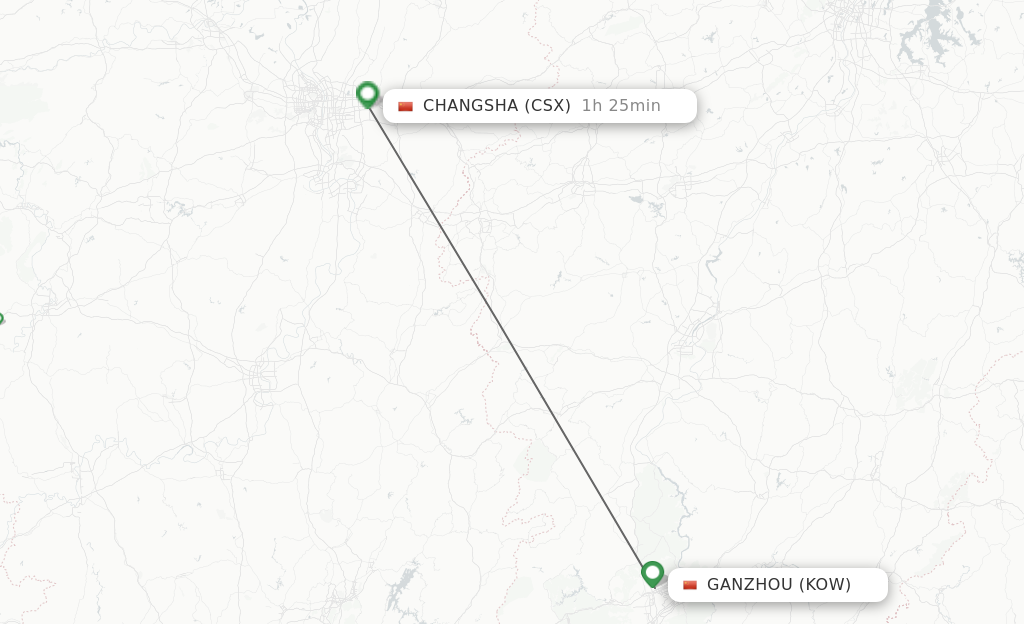 Flights from Ganzhou to Changsha route map