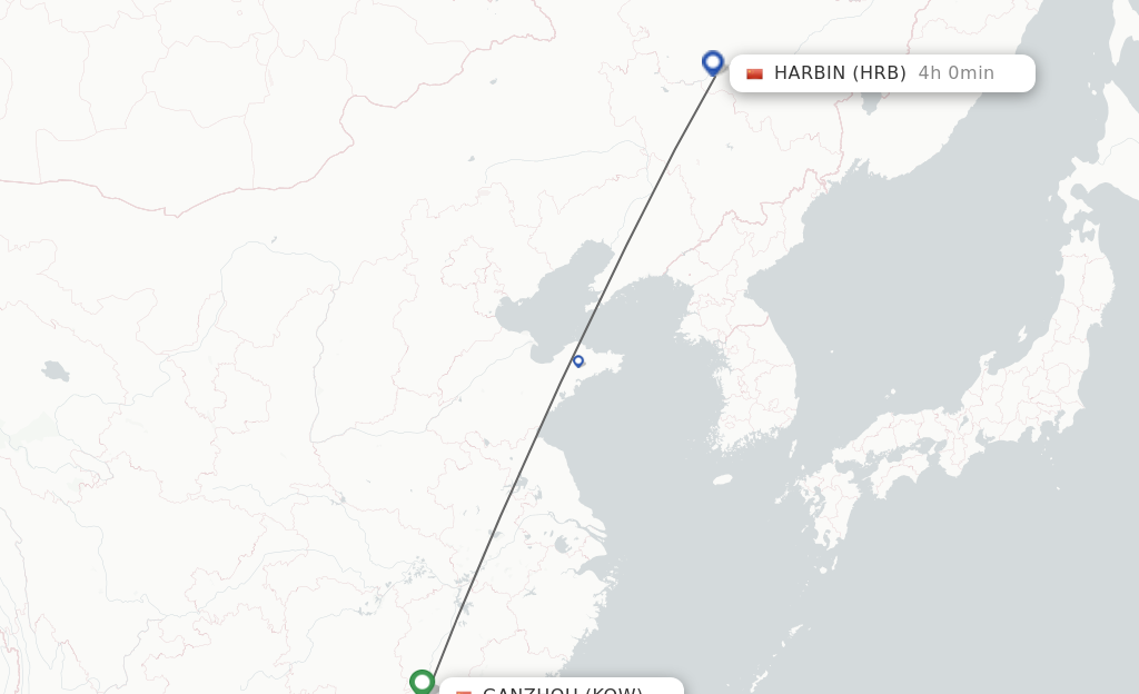 Flights from Ganzhou to Harbin route map