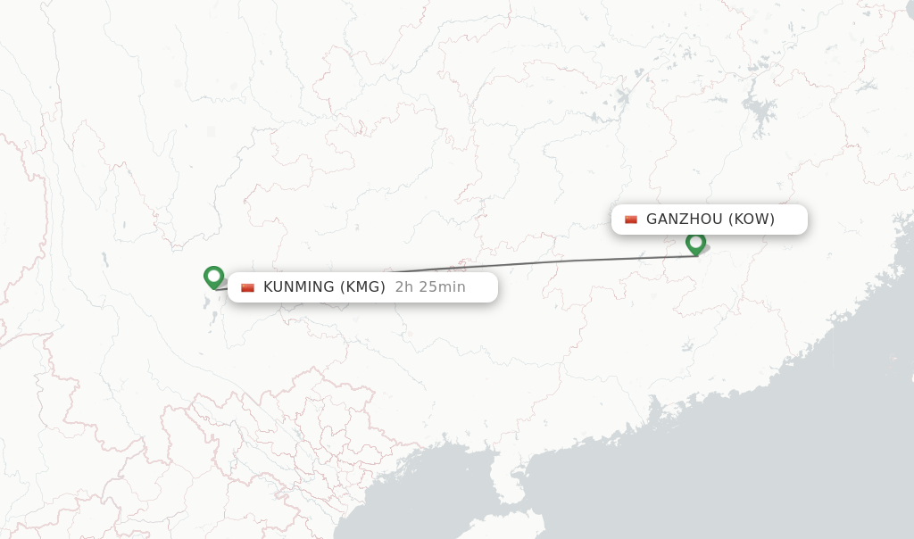 Flights from Ganzhou to Kunming route map