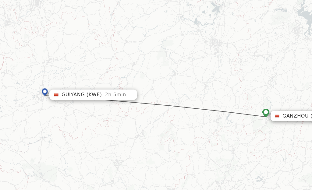 Flights from Ganzhou to Guiyang route map