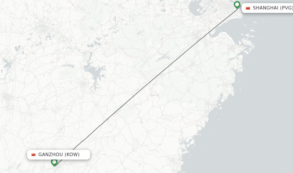 Flights from Ganzhou to Shanghai route map