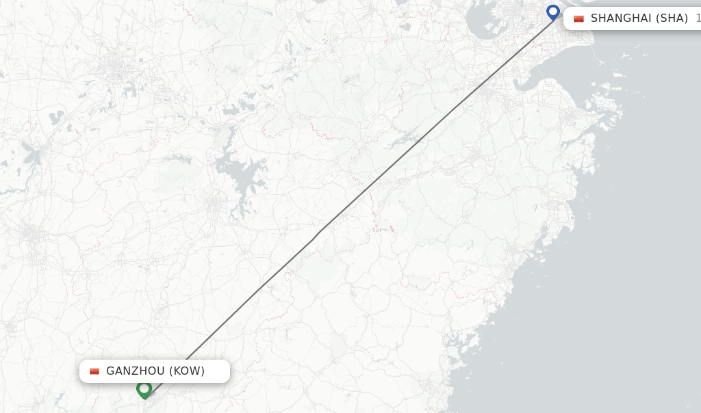 Flights from Ganzhou to Shanghai route map