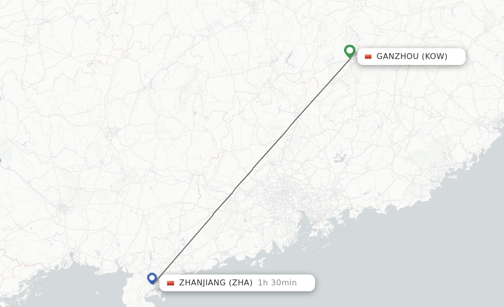 Flights from Ganzhou to Zhanjiang route map
