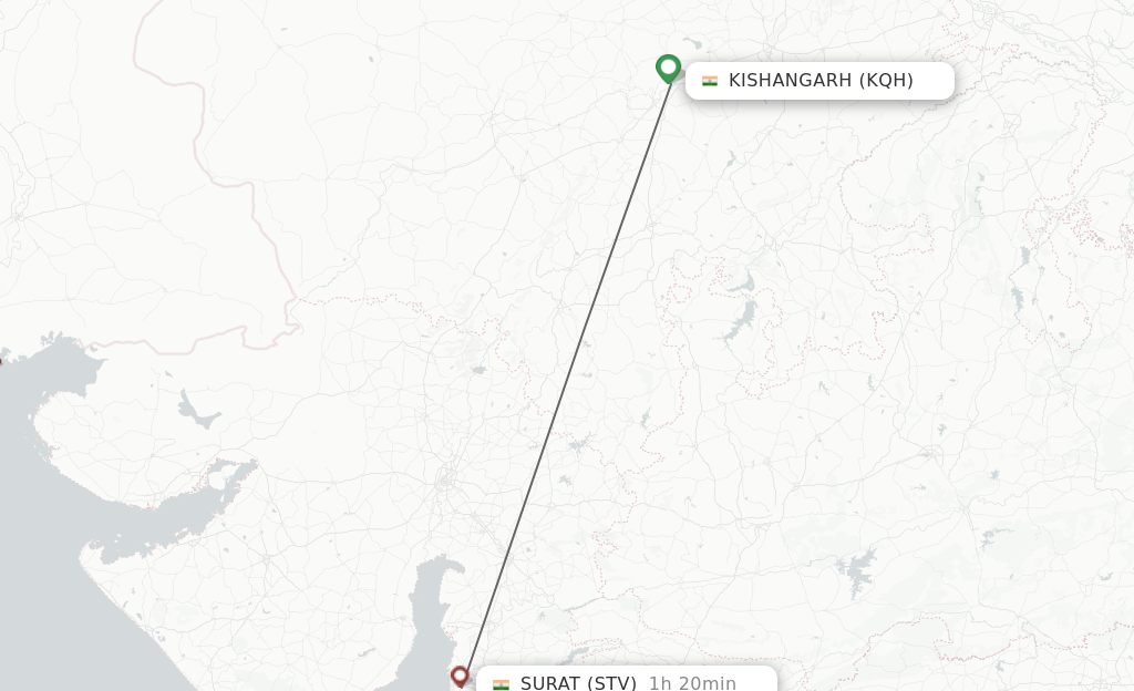 Flights from Kishangarh to Surat Gujarat route map