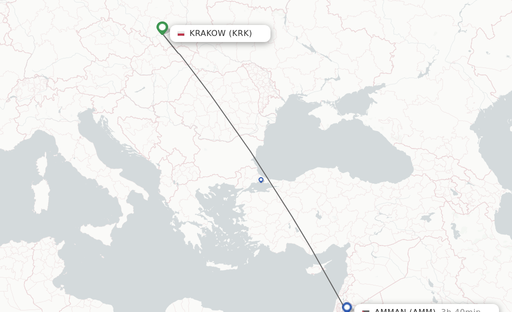 Flights from Krakow to Amman route map