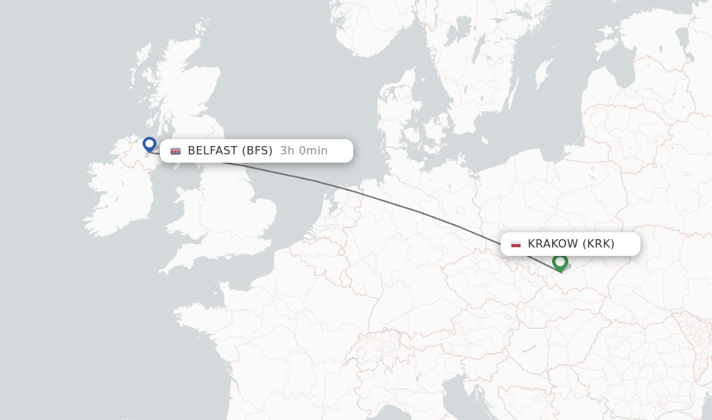 Flights from Krakow to Belfast route map