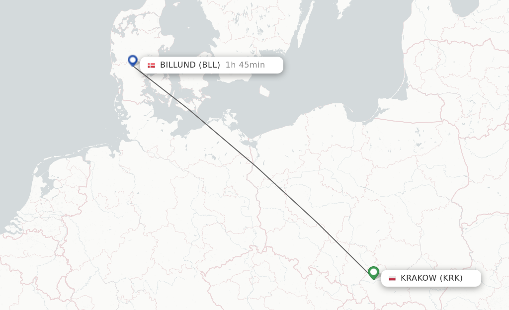 Flights from Krakow to Billund route map