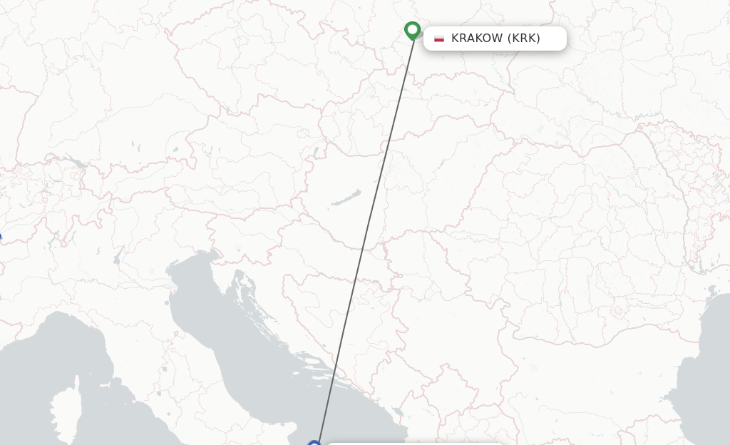 Flights from Krakow to Bari route map