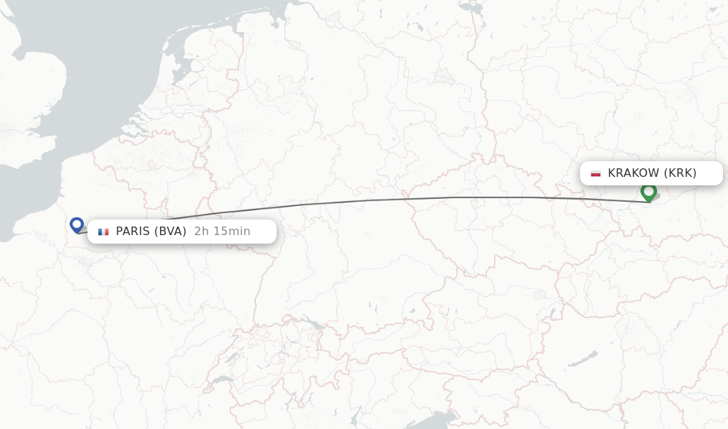 Flights from Krakow to Paris route map