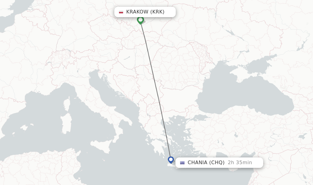 Flights from Krakow to Chania route map