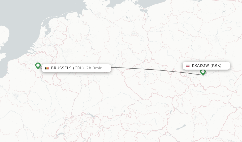 Flights from Krakow to Brussels route map