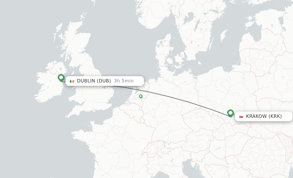 Flights from Krakow to Dublin route map