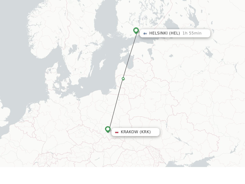 Flights from Krakow to Helsinki route map