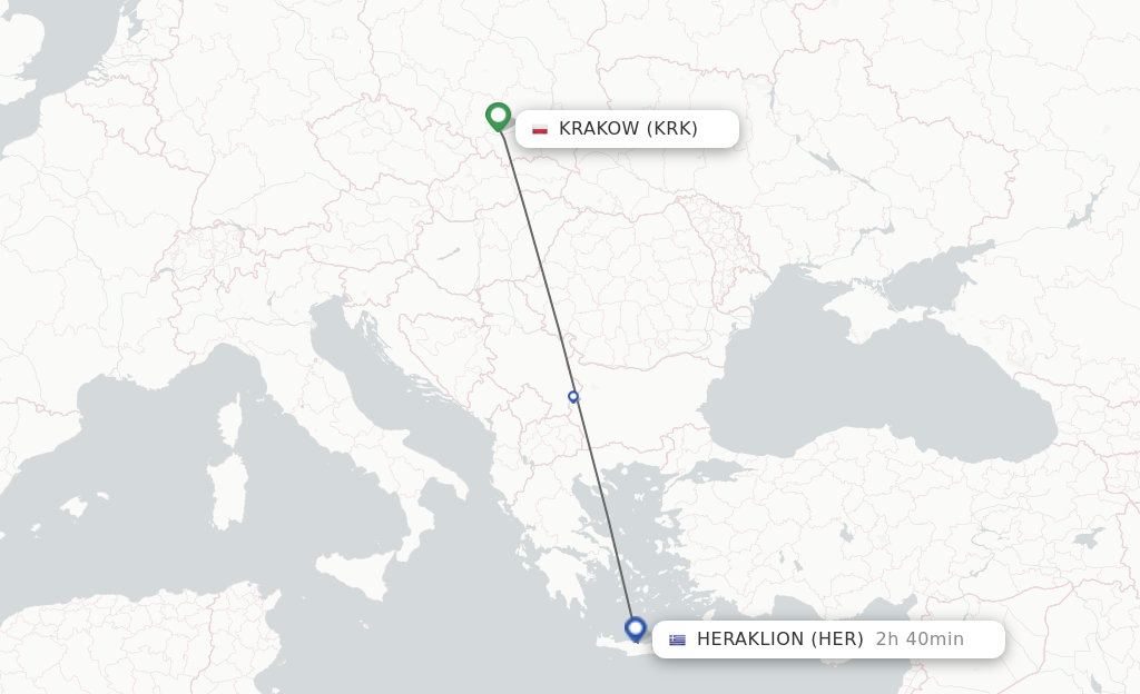 Flights from Krakow to Heraklion route map