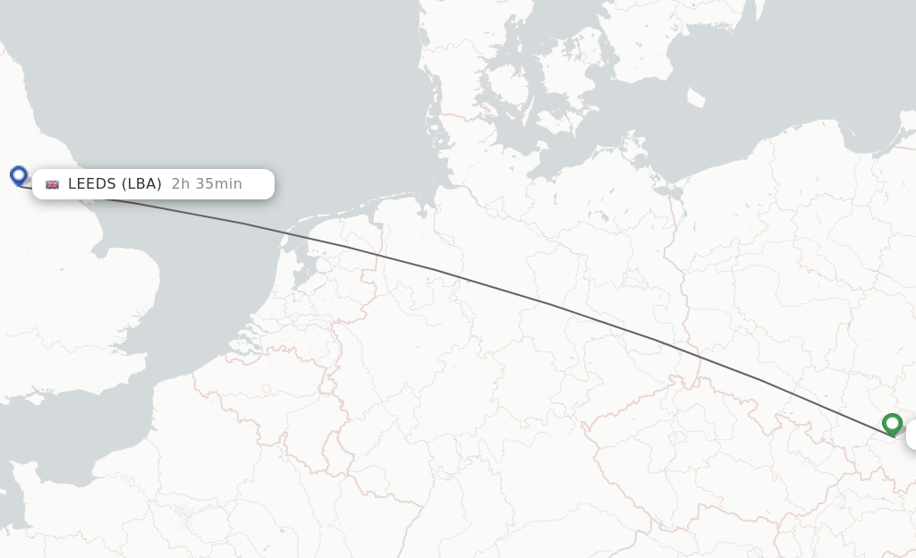 Flights from Krakow to Leeds route map