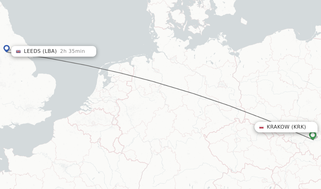 Flights from Krakow to Leeds route map