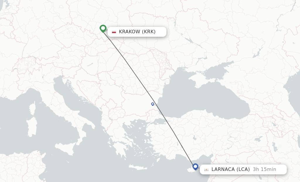 Flights from Krakow to Larnaca route map