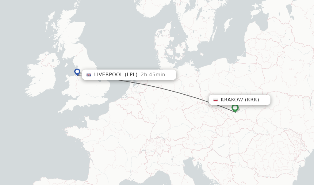 Flights from Krakow to Liverpool route map