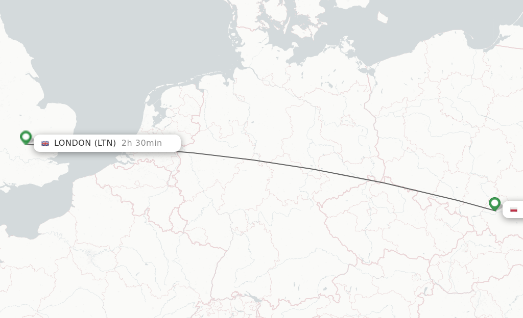Flights from Krakow to London route map