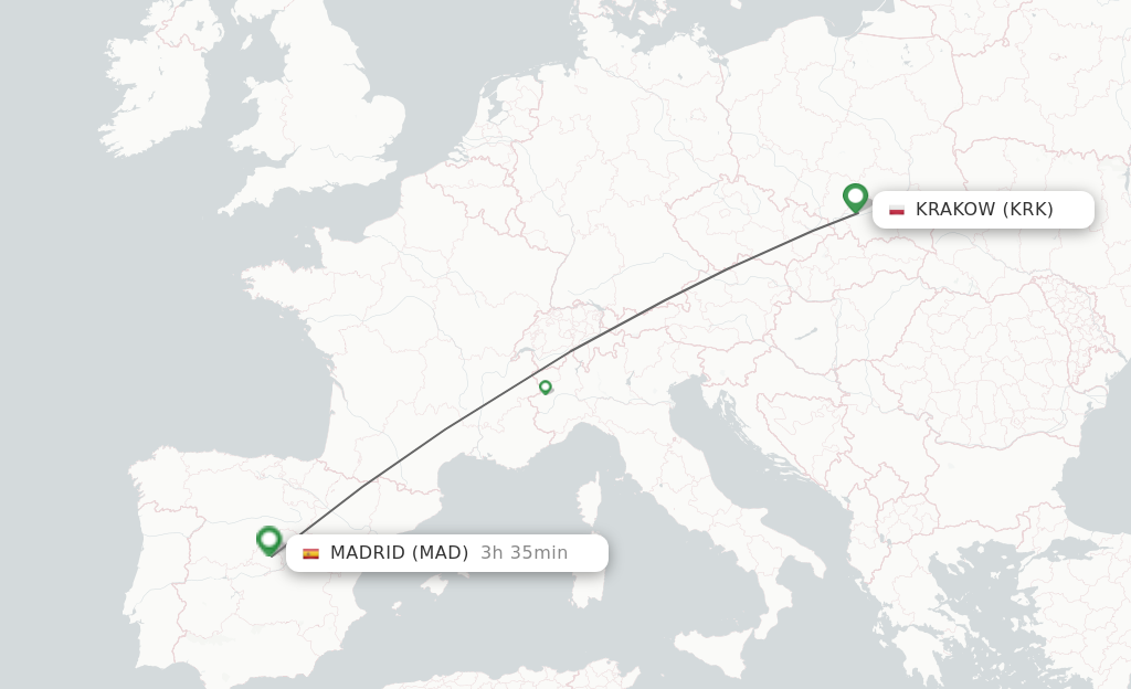 Flights from Krakow to Madrid route map