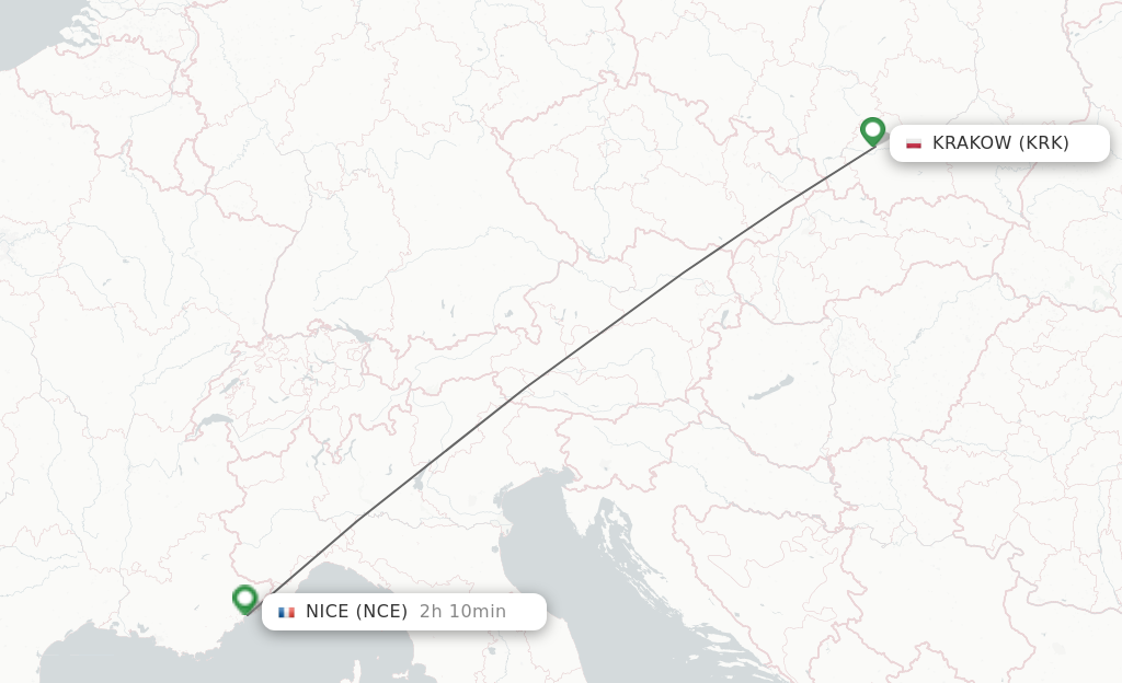 Flights from Krakow to Nice route map