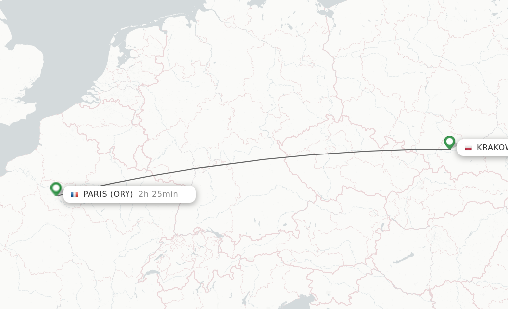 Flights from Krakow to Paris route map