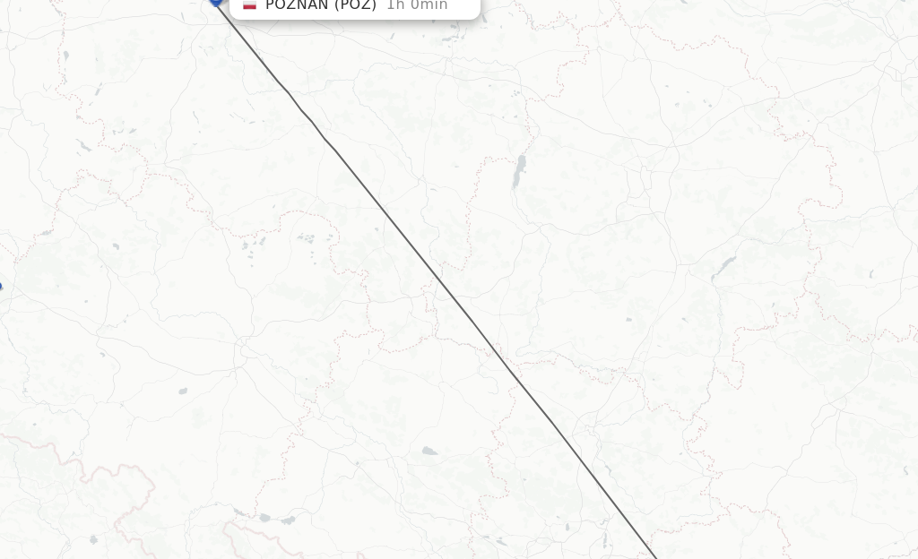 Flights from Krakow to Poznan route map