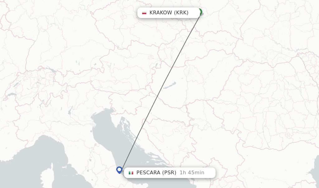 Flights from Krakow to Pescara route map
